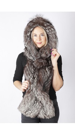 Silver fox fur hood-scarf